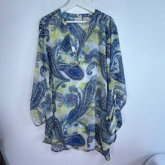 Chico's Womens Long Sleeve V-Neck Paisley Tunic Top Size 3 Blue/Yellow Chiffon - Picture 1 of 8